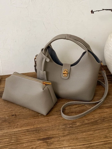 Women Minimalist Litchi Texture PU Leather Bucket Bag Retro Solid Color Shoulder Bag With Gold Twist Lock Contrast Stitching