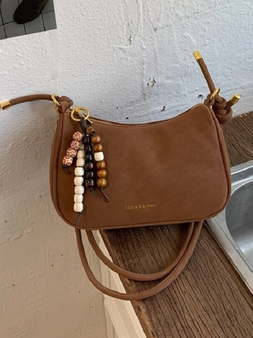Women Vintage PU Leather Underarm Bag Minimalist Solid Color Shoulder Bag With Beaded Pendant Elegant Commuter Handbag