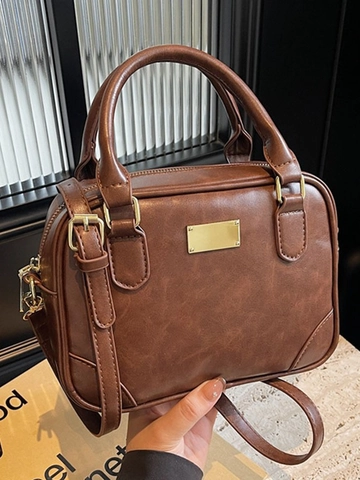 Women Retro PU Leather Handbag Casual Maillard Style Crossbody Bag Small Rectangular Shoulder Bag With Metal Decoration