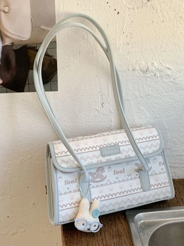 Bolso de Hombro Estampado Lindo para Mujer Bolso de Axila de Cuero PU Con Patrón de Caballo de Troya Colgante de Conejo de Peluche