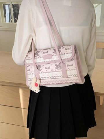 Bolso de Hombro Estampado Lindo para Mujer Bolso de Axila de Cuero PU Con Patrón de Caballo de Troya Colgante de Conejo de Peluche