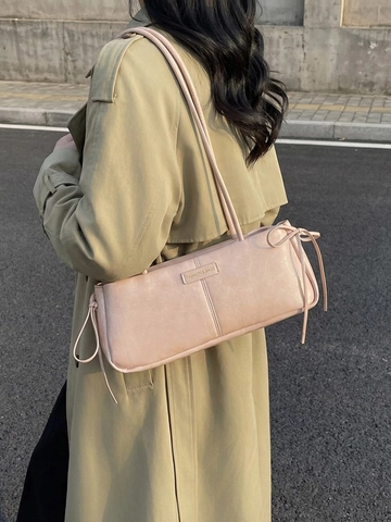 Bolso de Hombro de Axila de Cuero PU para Mujer Lazo Cordón Lateral Bolso Baguette Rectangular Para Desplazamientos Diarios