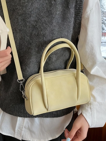 Bolso de Mano Boston de Cuero PU Retro para Mujer Bolso de Hombro de Nicho Minimalista Color Sólido Bolso de Bolos para Uso Diario
