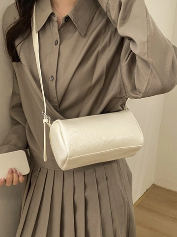 Minimalist Women PU Leather Litchi Pattern Barrel Shoulder Bag Vintage High-End Versatile Crossbody Bag Cylindrical Purse