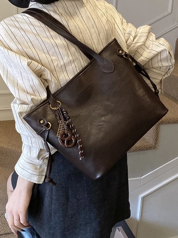 Bolso Tote Casual de Mujer de Cuero PU de Gran Capacidad Bolso de Hombro Retro de Color Sólido Elegante Bolso de Mano Diario