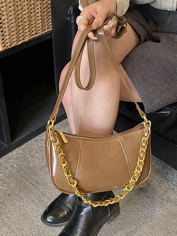 Vintage Women PU Leather Hobo Bag Gold Chain Crescent Shoulder Bag Elegant French Style Crossbody Purse Underarm Bag