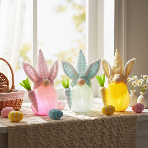 Easter Glowing Gnome Doll Faceless Decoration With Rabbit Ears And Carrot Plaid Hat LED Plush Ornaments For Spring Home Decor