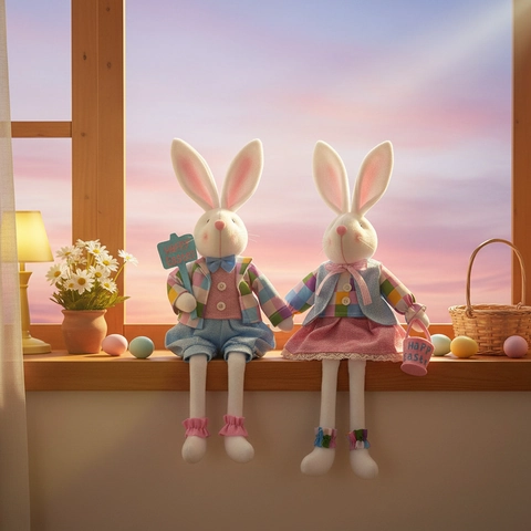 Bambola di Peluche del Coniglietto di Pasqua Con Vestiti Plaid e Cestino del Segno Happy Easter per la Decorazione Desktop della Festa di Casa