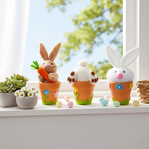 Easter Bunny Plush Ornaments In Pot Cute Fabric Rabbit Figurine For Festival Atmosphere Home Table Decor Spring Gift