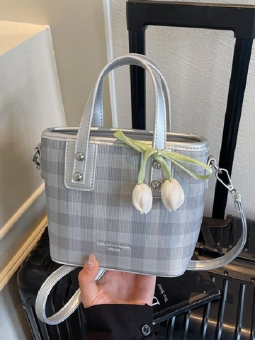 Bolso Bombonera de PU Gingham Con Colgante de Satén de Tulipán Casual a Cuadros Bolso de Hombro Gran Capacidad Bolso de Mano Mujer Diario Conmutación Bolso