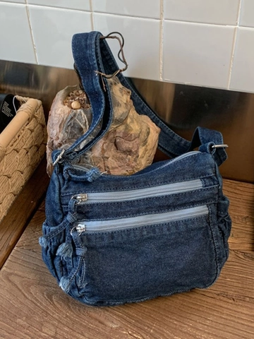 Sac Bandoulière Vintage en Denim Lavé pour Femmes Sac à Épaule Décontracté avec Fermetures Éclair Multiples Style Rétro