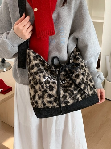 Damen Vintage Karo Leopardenmuster Plüsch Tote Bag Große Kapazität Cord Patchwork Schultertasche Herbst Winter Umhängetasche