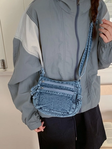 Sac Bandoulière Vintage en Denim Lavé pour Femmes Sac à Épaule Décontracté avec Fermetures Éclair Multiples Style Rétro