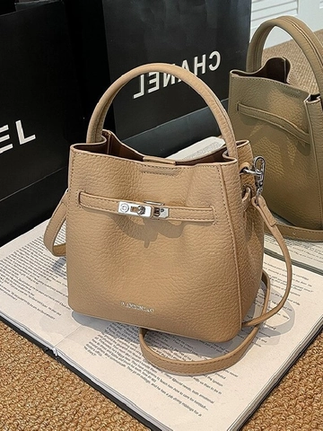Sac Seau en Cuir PU à Motif Litchi Vintage pour Femmes Avec Fermoir à Tourniquet Argenté Sac à Bandoulière et Pochette Intérieure