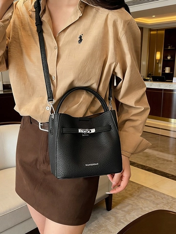 Sac Seau en Cuir PU à Motif Litchi Vintage pour Femmes Avec Fermoir à Tourniquet Argenté Sac à Bandoulière et Pochette Intérieure
