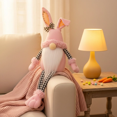 Easter Bunny Gnome Plush Decoration Pink Long Leg Rabbit Ears Plaid Bow Swedish Tomte Table Ornament For Home Party