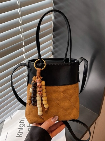 Borsa a Secchiello Patchwork in Camoscio Vintage Per Donna Borsa a Tracolla Trapuntata Con Pendaglio di Perline Minimalista Quotidiana