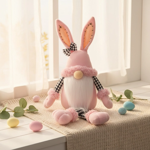 Easter Bunny Gnome Plush Decoration Pink Long Leg Rabbit Ears Plaid Bow Swedish Tomte Table Ornament For Home Party