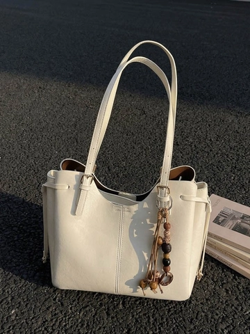 Vintage PU Leather Large Capacity Tote Bag For Women Retro Shoulder Bag Wood Bead Tassel Commuting Solid Color Purse
