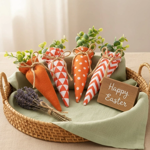 Easter Fabric Carrot Ornaments Orange Striped Dotted Pattern Home Party Decor Handcrafted Style Green Leaf Linen Bows