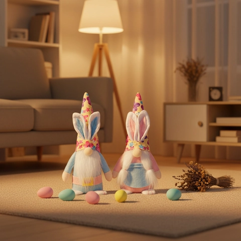 Gnome en Peluche de Pâques Décoration Avec Oreilles de Lapin Chapeau Floral Ornement de Nain Fait Main Pour Table Printemps