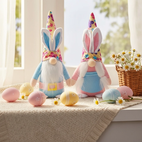Gnome en Peluche de Pâques Décoration Avec Oreilles de Lapin Chapeau Floral Ornement de Nain Fait Main Pour Table Printemps