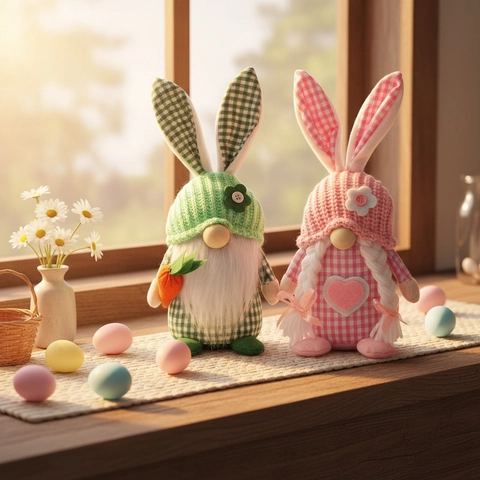 Easter Plaid Rabbit Ears Gnome Faceless Doll Handmade Desktop Ornament Bunny Gnome Figurine Festive Home Party Decor Gift