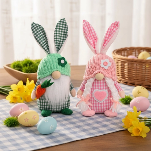 Easter Plaid Rabbit Ears Gnome Faceless Doll Handmade Desktop Ornament Bunny Gnome Figurine Festive Home Party Decor Gift