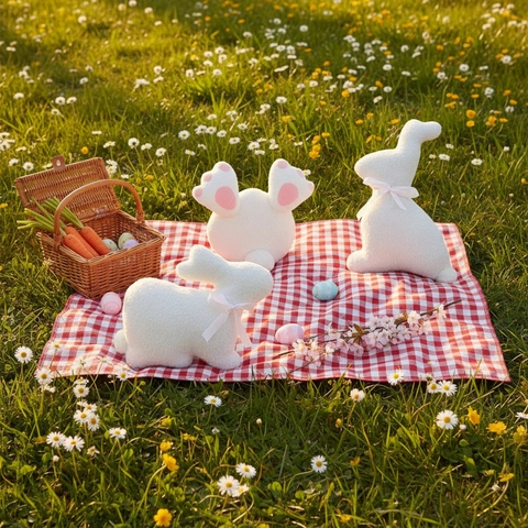 Easter Bunny Plush Pillow Sherpa Fleece Decorative Rabbit Throw Cushion With Pink Satin Ribbon Bow Home Party Decor Gift