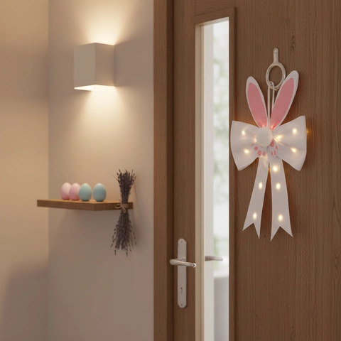 Easter Hanging Ornament LED Glowing Rabbit Ears Large Bow Door Window Decoration Polyester Festival Home Party Decor
