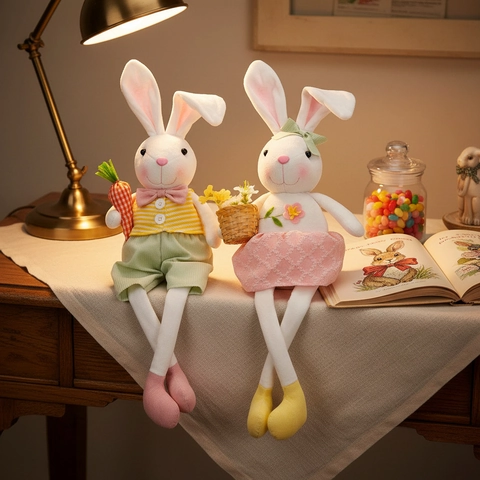 Easter Bunny Plush Doll Long Legs Rabbit Ornament With Carrot Flower Basket Fabric Pastoral Easter Decoration Home Party Gift