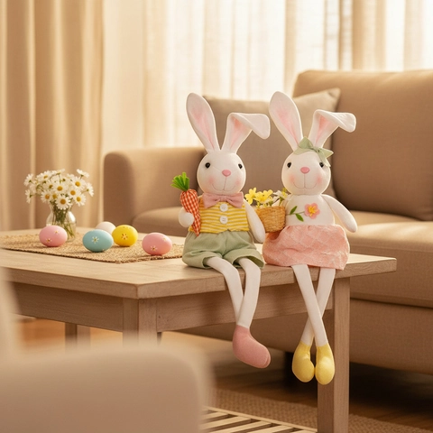 Easter Bunny Plush Doll Long Legs Rabbit Ornament With Carrot Flower Basket Fabric Pastoral Easter Decoration Home Party Gift