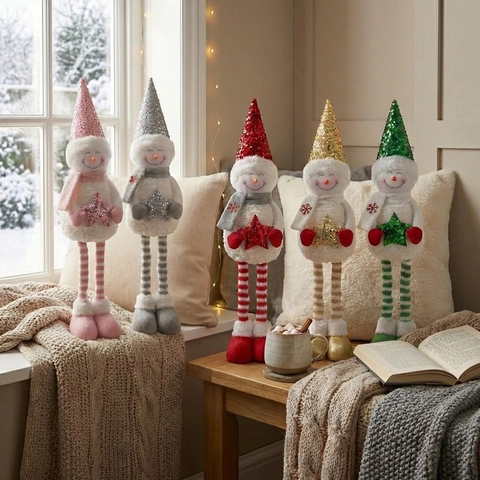 Poupée Bonhomme de Neige Télescopique à Paillettes de Noël Peluche Hauteur Réglable Figurine à Jambes Longues Décoration de Table de Fête d'Hiver