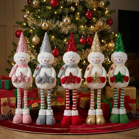 Poupée Bonhomme de Neige Télescopique à Paillettes de Noël Peluche Hauteur Réglable Figurine à Jambes Longues Décoration de Table de Fête d'Hiver