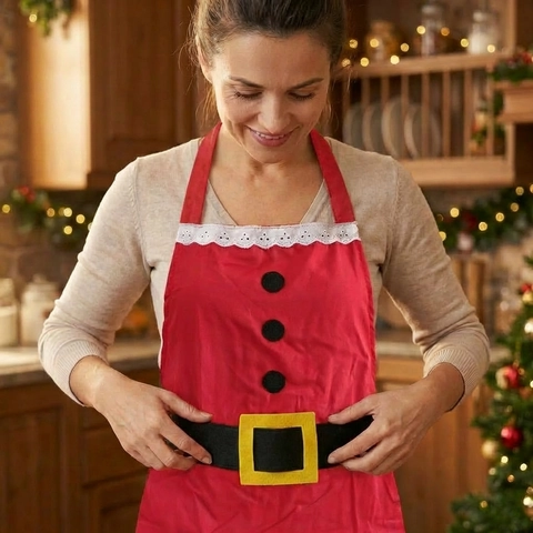 Grembiule da Babbo Natale per Donna Cucina Cucinare Cuocere Festa Decorativo Grembiule Rosso Con Design Fibbia Cintura