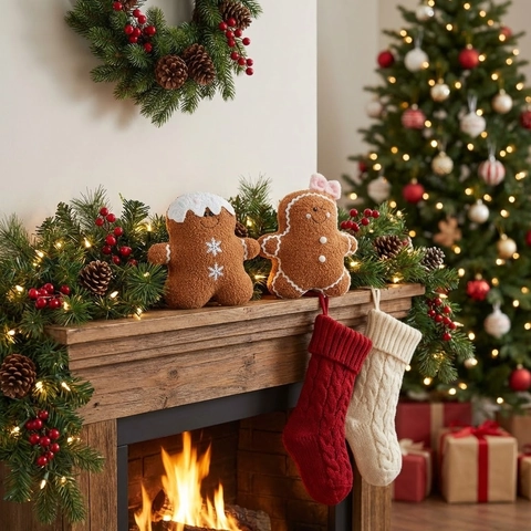 Christmas Gingerbread Man Plush Pillow Cute Cartoon Soft Stuffed Toy Sofa Cushion For Holiday Home Decoration Xmas Gift