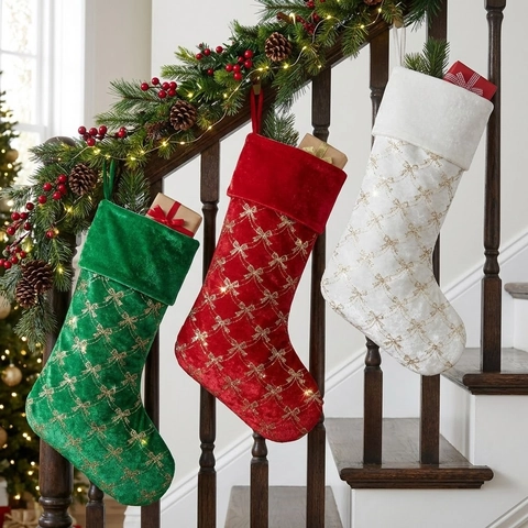 Chaussette de Noël avec Nœud à Paillettes Exquise Sac Cadeau en Velours Ornement Suspendu Décoration de Cheminée de Fête