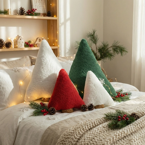 Cojín de Peluche Árbol de Navidad Vellón Sherpa para Sofá Decoraciones Navideñas Verde Rojo Blanco Regalo