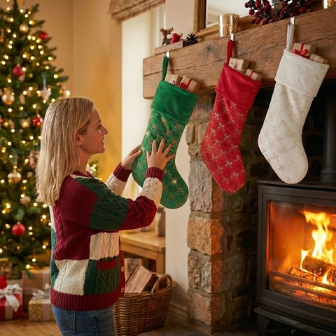 Chaussette de Noël avec Nœud à Paillettes Exquise Sac Cadeau en Velours Ornement Suspendu Décoration de Cheminée de Fête