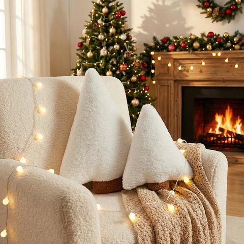 Cojín de Peluche Árbol de Navidad Vellón Sherpa para Sofá Decoraciones Navideñas Verde Rojo Blanco Regalo
