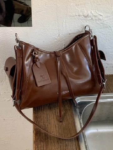 Vintage Glossy PU Leather Shoulder Tote Bag Large Capacity Solid Color Side Pocket Handbag For Women Daily Commute