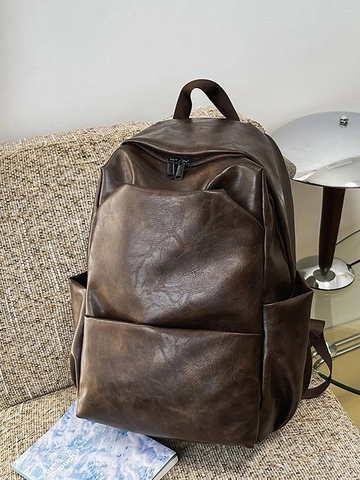 Vintage PU Leather Large Capacity Backpack For Men Women Minimalist Solid Color Laptop Bag Urban School Casual Travel Daypack