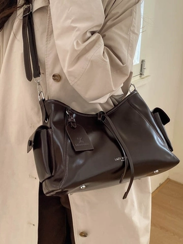 Vintage Glossy PU Leather Shoulder Tote Bag Large Capacity Solid Color Side Pocket Handbag For Women Daily Commute