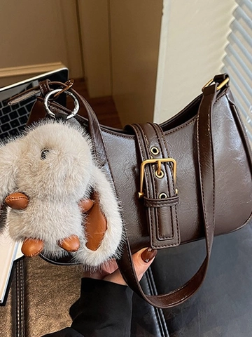 Vintage Women PU Leather Hobo Bag Half Moon Crossbody Shoulder Bag With Plush Rabbit Pendant Large Capacity Daily Handbag