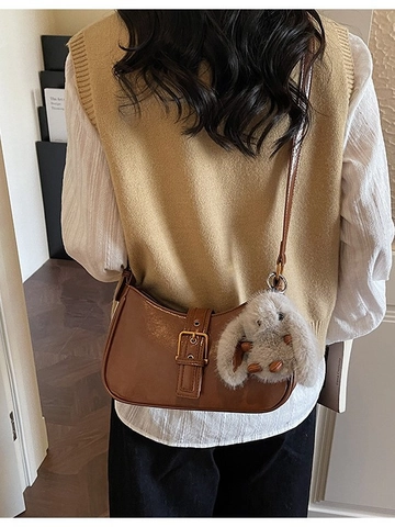 Vintage Women PU Leather Hobo Bag Half Moon Crossbody Shoulder Bag With Plush Rabbit Pendant Large Capacity Daily Handbag