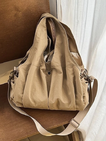 Women Large Capacity Nylon Tote Bag Pleated Shoulder Bag Japanese Casual Solid Color Handbag For Daily Commuter Use