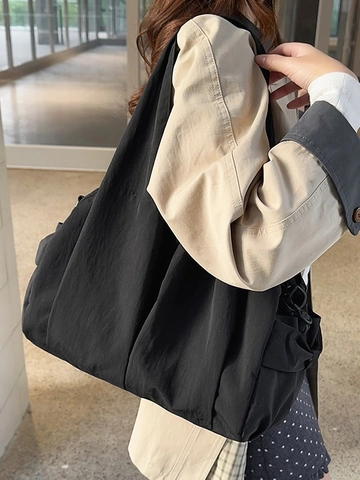 Women Large Capacity Nylon Tote Bag Pleated Shoulder Bag Japanese Casual Solid Color Handbag For Daily Commuter Use