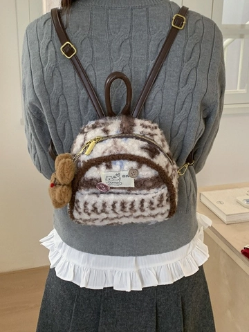 Korean Style Women Mini Plush Backpack Retro Faux Fur Cow Print Small Daypack With Cute Bear Pendant Fashion Handbag