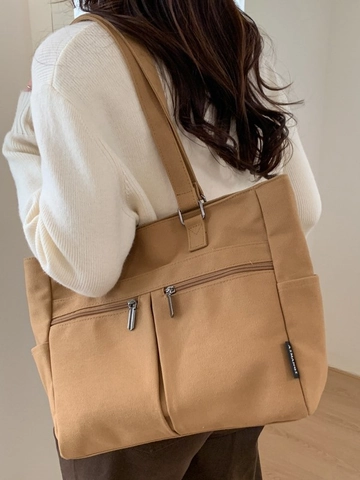 Women Large Capacity Canvas Tote Bag Minimalist Multi Pocket Shoulder Bag For College Student Daily Commute Retro Handbag