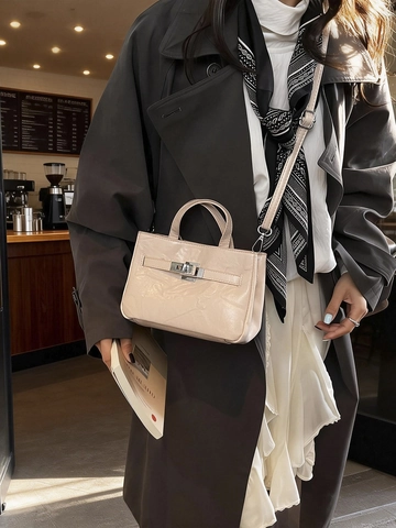 French Retro Pleated PU Leather Shoulder Bucket Bag For Women Luxury Metal Lock Adjustable Strap Fashion Handbag Small Purse